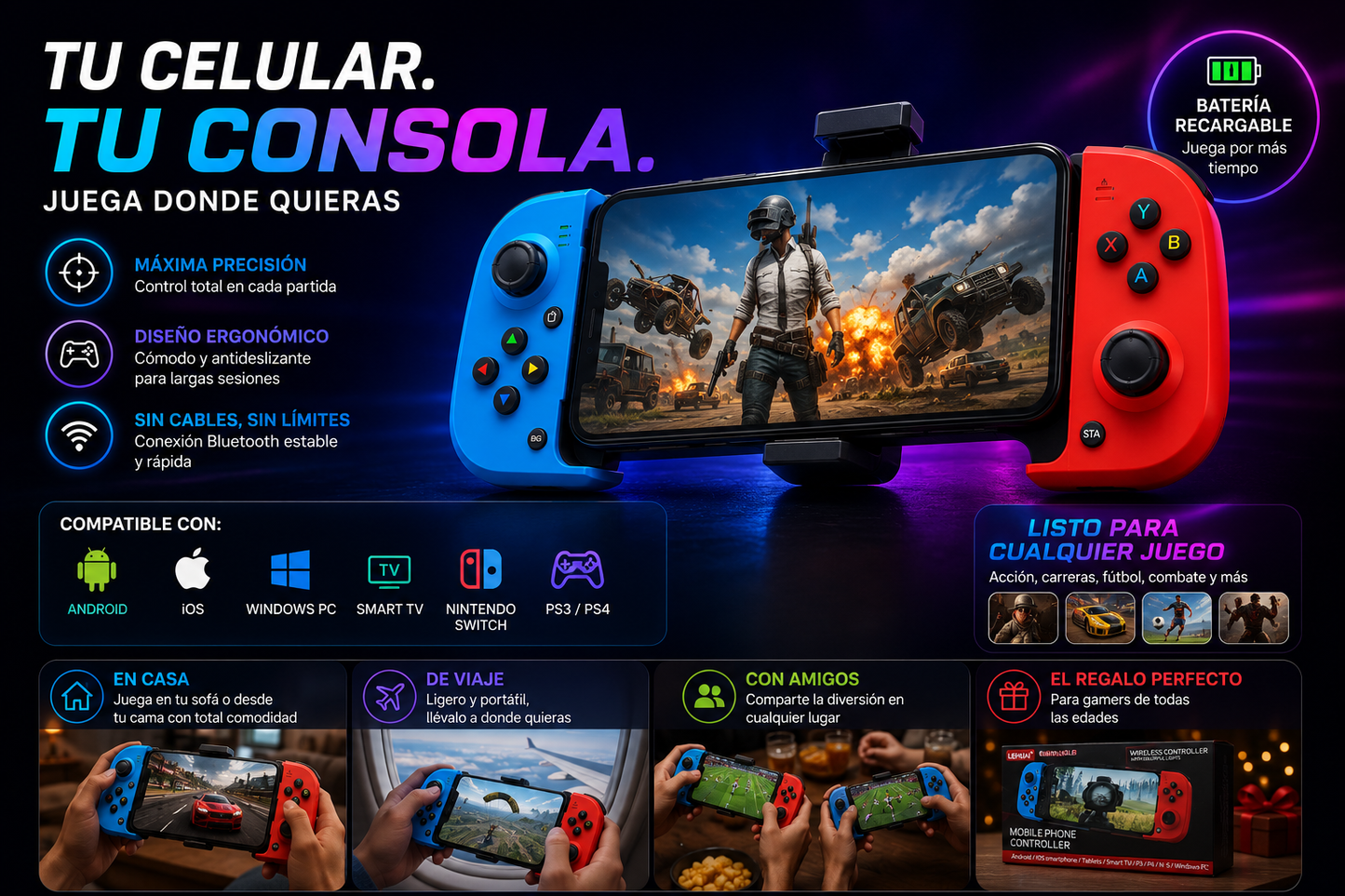 🎮 Control Gamer Inalámbrico Compatible con IPHONE y ANDROID ⭐