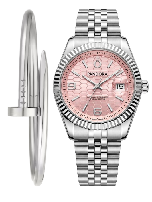 RELOJ PANDORA - PLATEADO FONDO ROSADO + PULSA UN CLOU