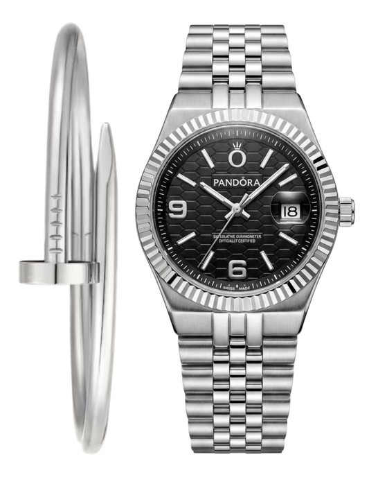 RELOJ PANDORA - PLATEADO FONDO NEGRO + PULSA UN CLOU