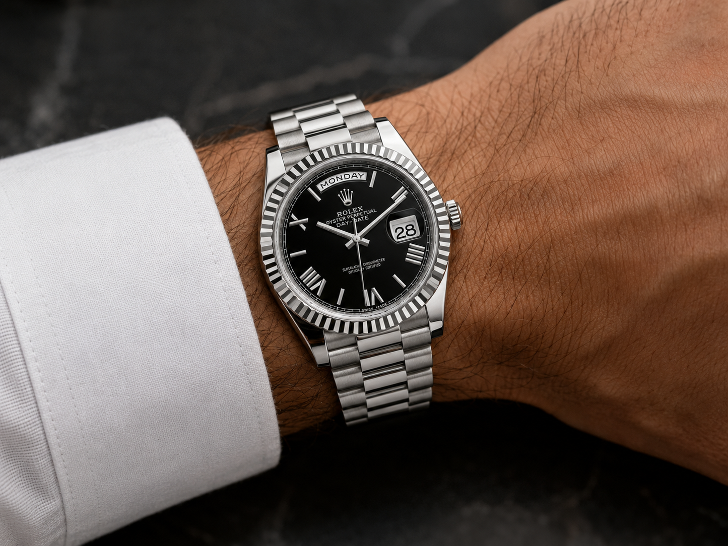 DAYDATE PRESIDENTE PLATEADO CARA NEGRA ROMAN DIAL - AAA