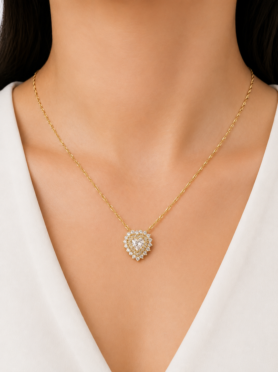 CADENA CORAZON BRILLANTE 🤍 - ACERO INOXIDABLE CON BAÑO DE ORO 18K
