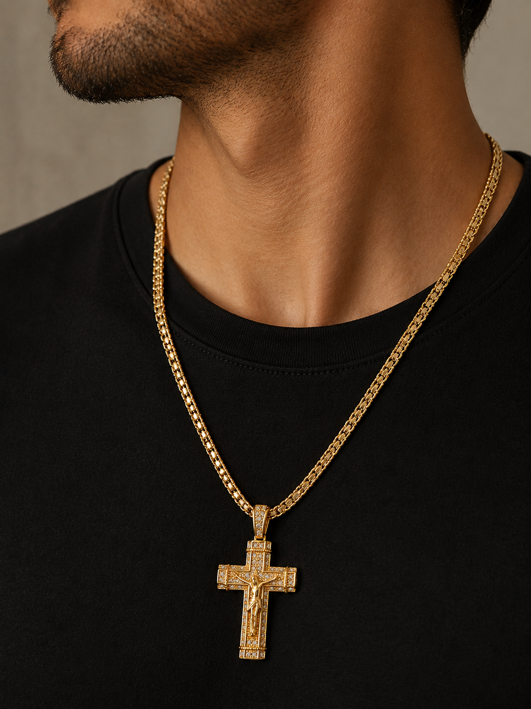 CADENA ICE CHAIN + CRUCIFIJO GOLD - 55 CM