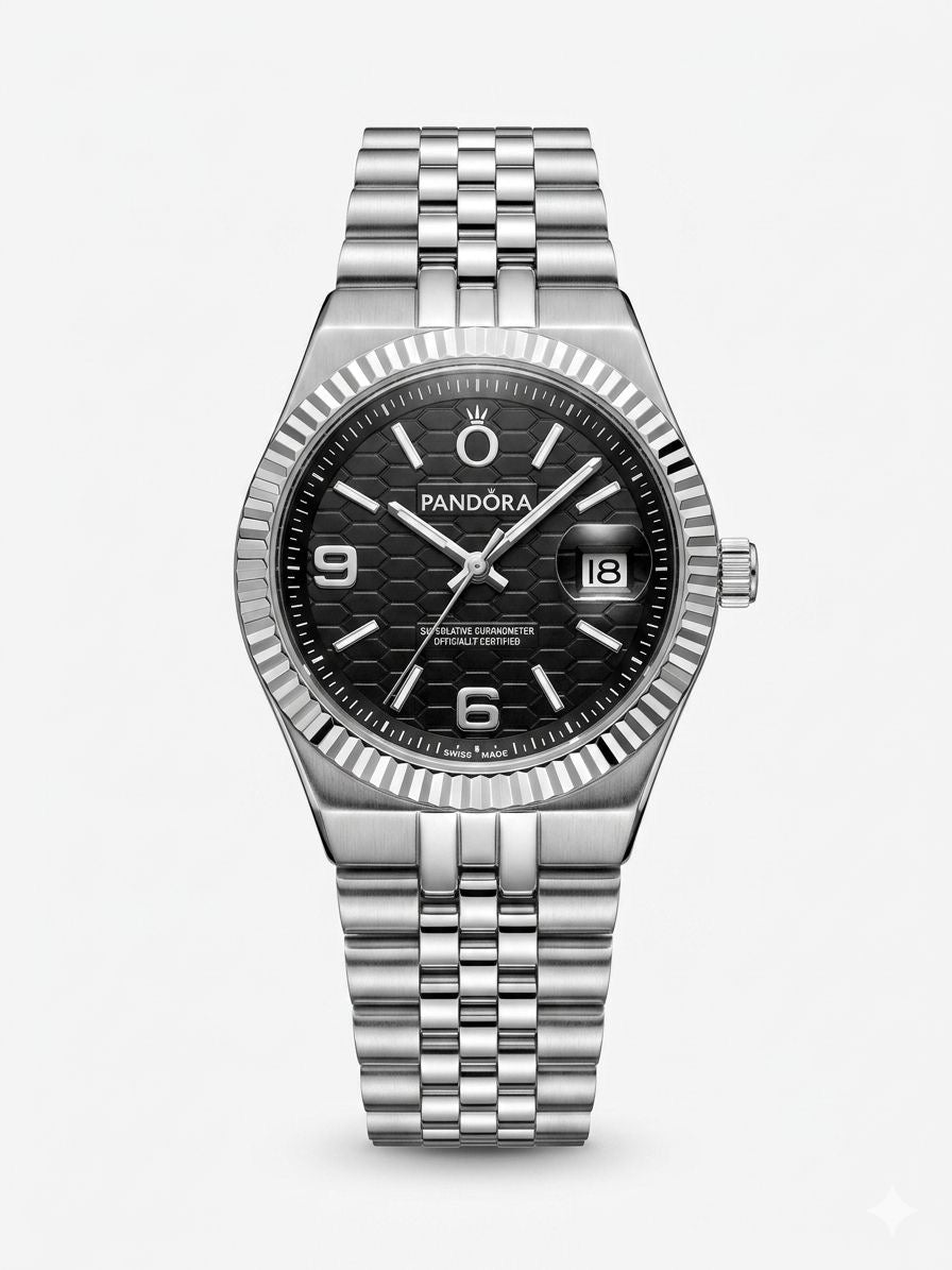 RELOJ PANDORA - PLATEADO FONDO NEGRO + PULSA UN CLOU