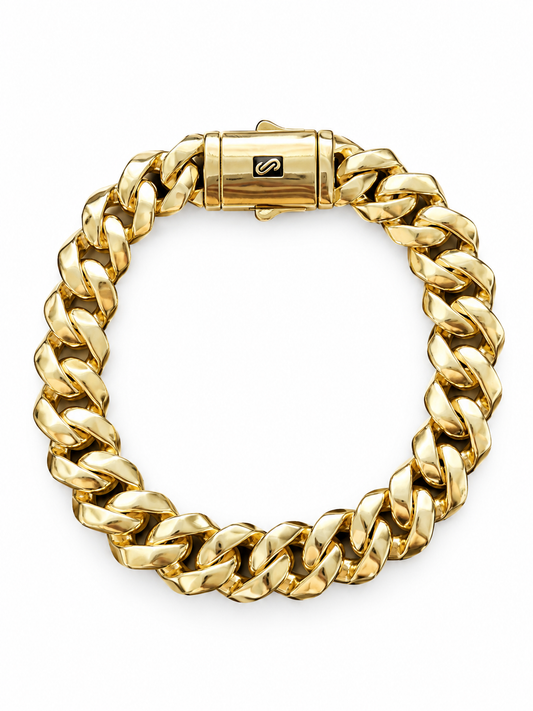 PULSA CUBANA GRUESA PREMIUM 12 MM × 20 CM | ACERO INOXIDABLE CON BAÑO DE ORO 14K ✨