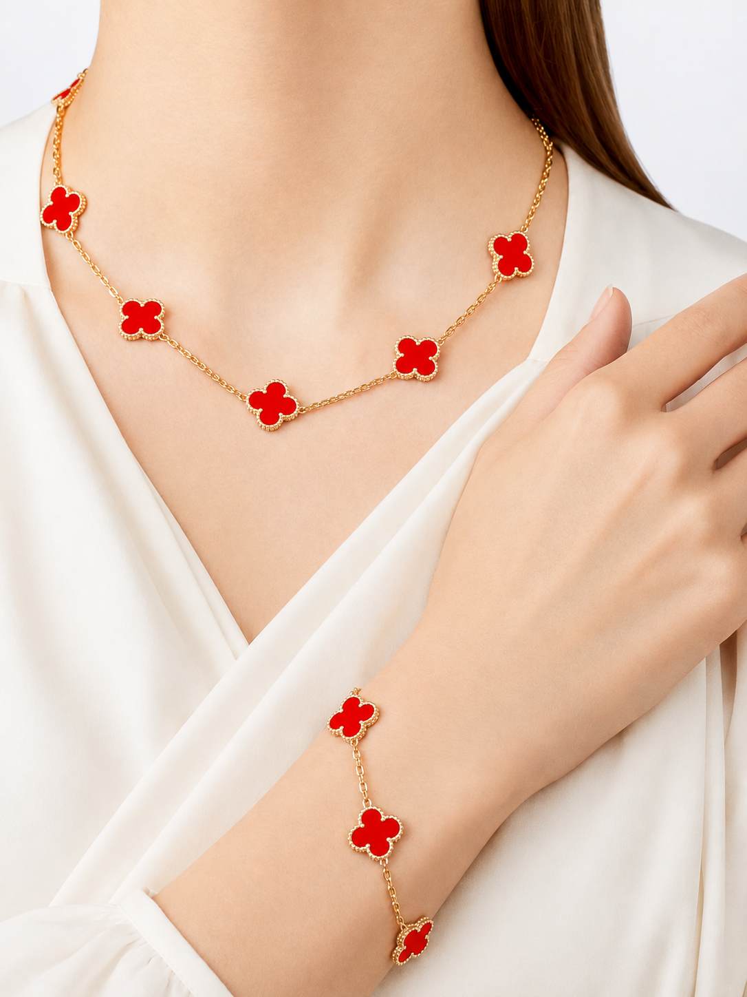 COMBO ALHAMBRA COLLAR - PULSERA - ARETES Y ANILLO RED - VᗅN-CLᎬᎬF