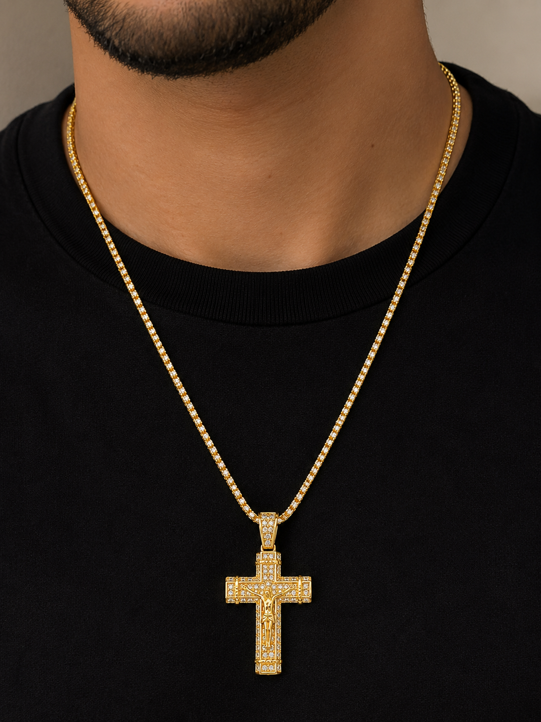 CADENA ICE CHAIN + CRUCIFIJO GOLD - 50 O 60 CM